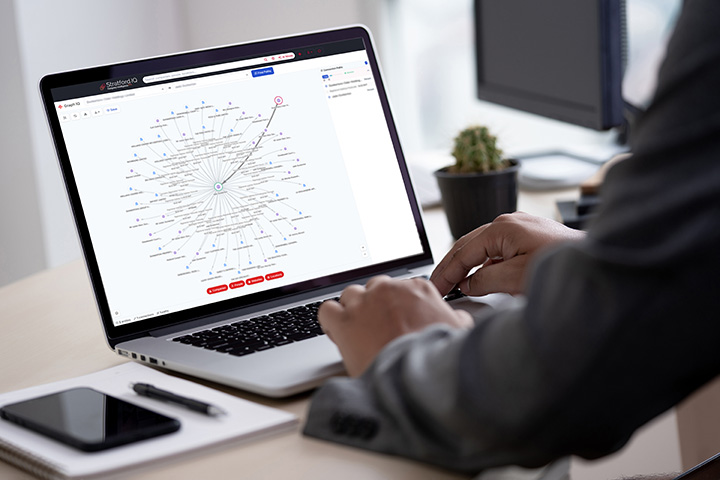 Stratford IQ features dashboard showing company search, network graphs, and location mapping